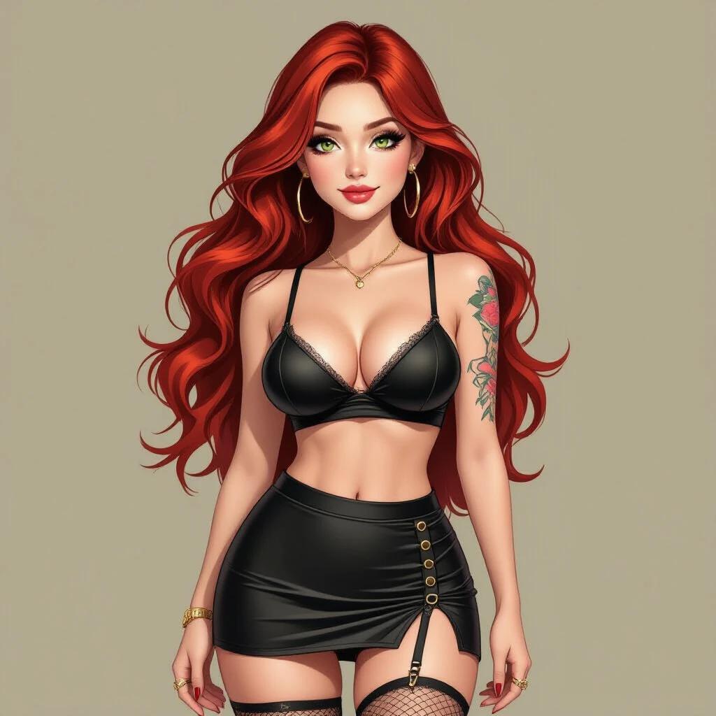 Realistic art style of a confident 20-year-old woman with long red hair and pale skin. Small yet curvy build. Bright green eyes. Smiling expression. Revealing yet stylish outfit with mini skirt and crop top. Subtle tattoos on arms. Confident and inviting posture.