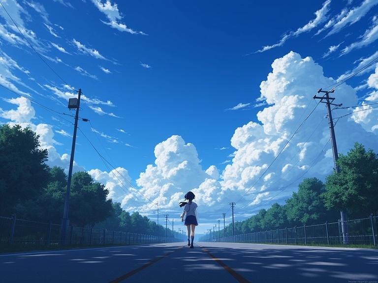 Anime wallpaper inspired by Your Name. A girl walking on a road under a blue sky filled with clouds. The scene captures a peaceful moment with a touch of nostalgia.