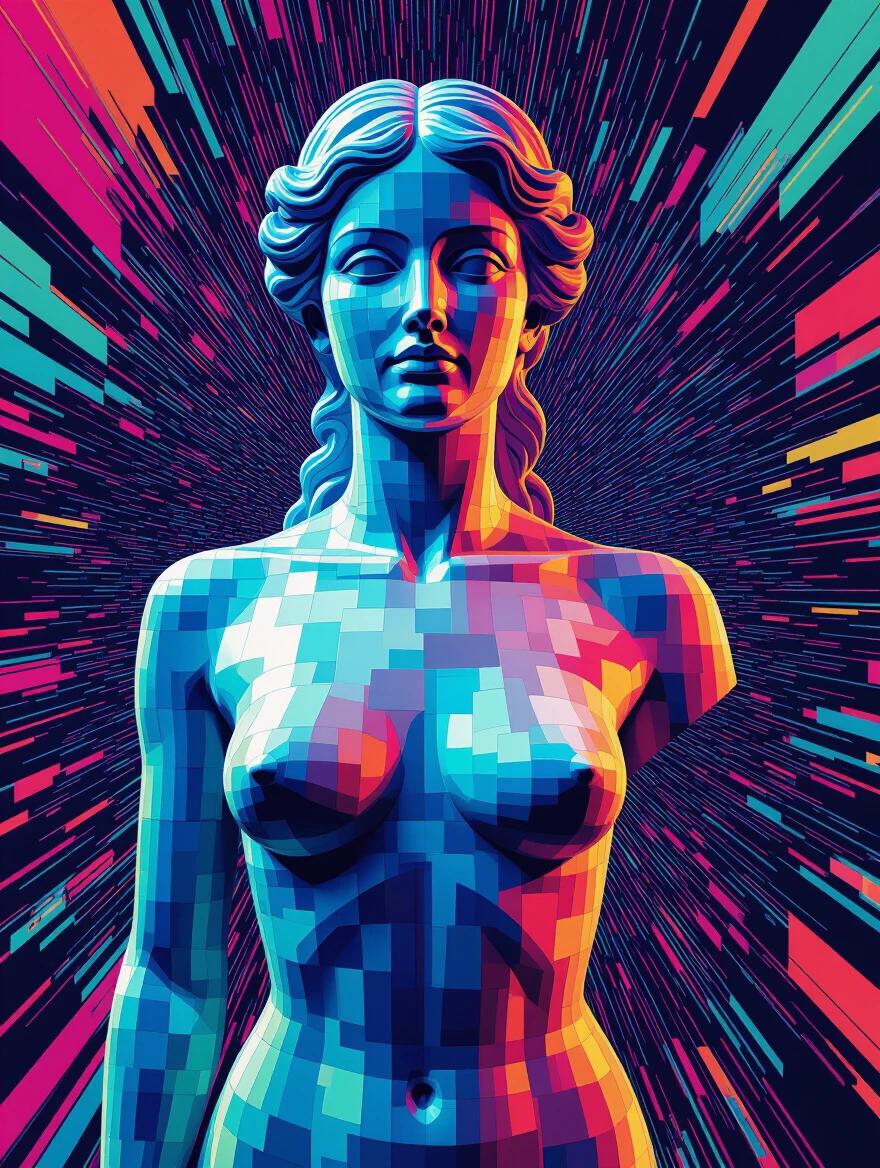Vibrant 3D hologram displays a female statue rendered in digital glitch art. Statue appears naked looking directly at the camera. Geometry is distorted into shifting pixel blocks. The art features colorful static and avant-garde style.