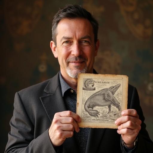 Man with short hair. He wears a suit and smiles. He holds a vintage card featuring an illustration of an animal. Background is softly blurred with decorative patterns.