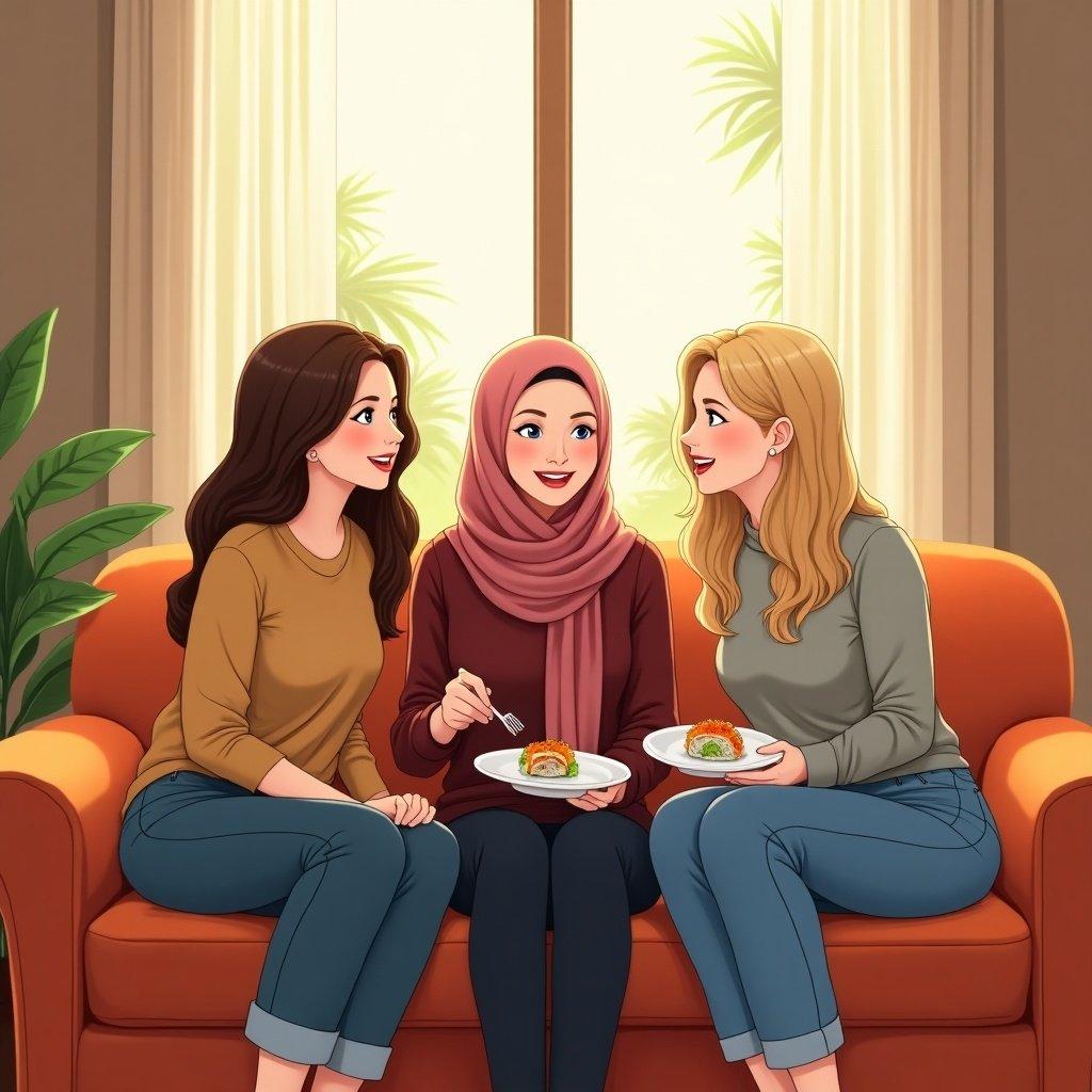 Anime inspired scene of three women sitting together. Left woman has long brown hair. Middle woman wears a rose Hijab. Right woman has blond hair. They share sushi. They are laughing together in a cozy living room.