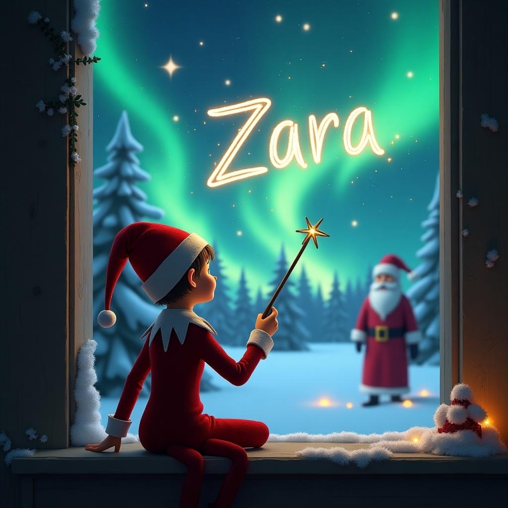 This image depicts an enchanting Christmas scene viewed through a cozy window. An elf, dressed in traditional attire, is sitting with its back to the viewer, gazing at the sky. It holds a wand, using it to elegantly write the name 'Zara' in glowing letters against the backdrop of colorful northern lights. Outside, a jolly Santa Claus can be seen in the snowy landscape. The overall atmosphere is magical and festive, perfect for capturing the holiday spirit.