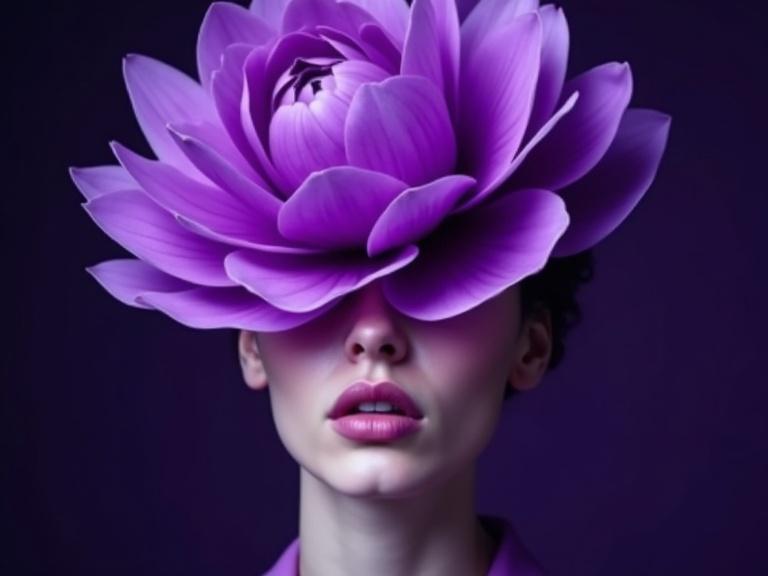 Surreal portrait with a vibrant purple flower replacing the upper half of a face. Lower face visible with soft purple lips. Dark purple background enhances the ethereal quality of the composition.