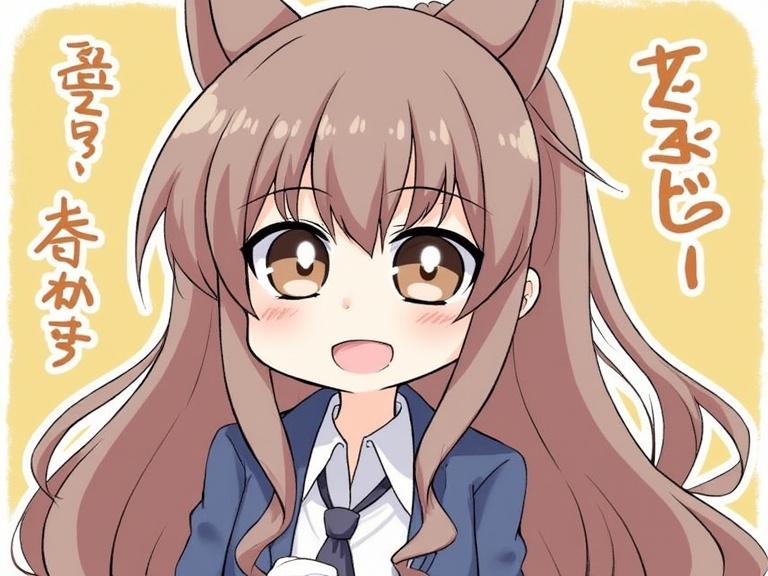 A cheerful anime girl with cat ears and long brown hair wearing a school uniform, smiling brightly