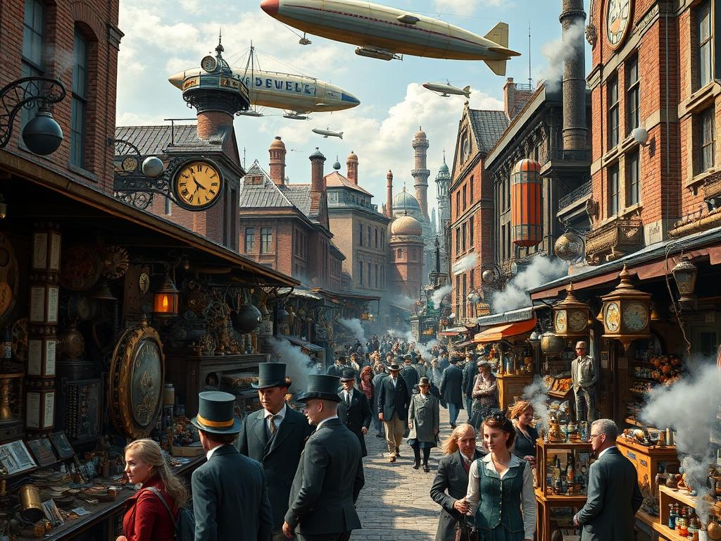 This vibrant image depicts a bustling steampunk street market set in an alternative history. The scene is rich with Victorian-style architecture, adorned with lots of gears and clocks. People wearing period clothing with a hint of steampunk flair, such as top hats and goggles, walk along the cobblestone street. Overhead, dirigibles and airships drift through the skies, adding a sense of wonder and adventure.