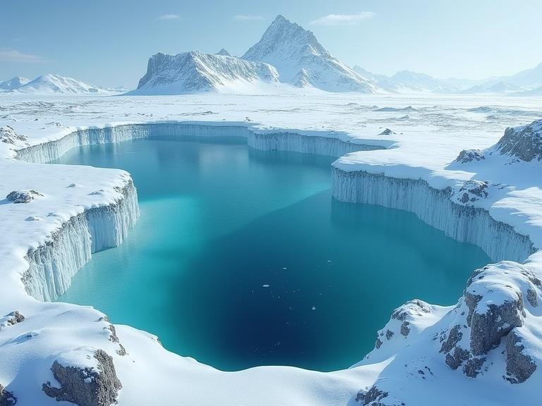 A breathtaking view of a frozen lake in Antarctica surrounded by icy cliffs and mountains under bright clear conditions. This stunning image captures the beauty of glacial landscapes and subglacial lakes.