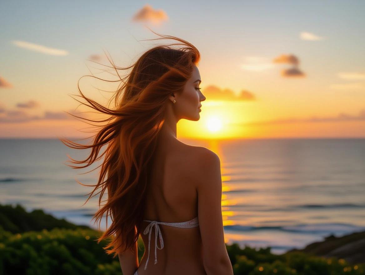 A woman with long red hair stands on a beach. Hair is blowing in the wind. She watches a vibrant sunrise over the ocean. She wears a bikini and enjoys the serene view.