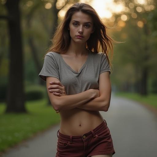 A young woman walks alone through the park. She faces forward in a cropped T-shirt and shorts. The breeze tugs at her shirt. Evening chill bites at her bare skin. She crosses her arms over her chest. Her expression is distant and contemplative. The world around her moves while she feels separate. She searches for herself beneath the surface.