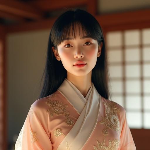 Elegant East Asian woman wears luxurious ceremonial dress. Features soft pastel colors with intricate gold embroidery. Long black hair frames her face. Background showcases traditional Japanese architecture. Image captures dignified pose and serene ambiance.