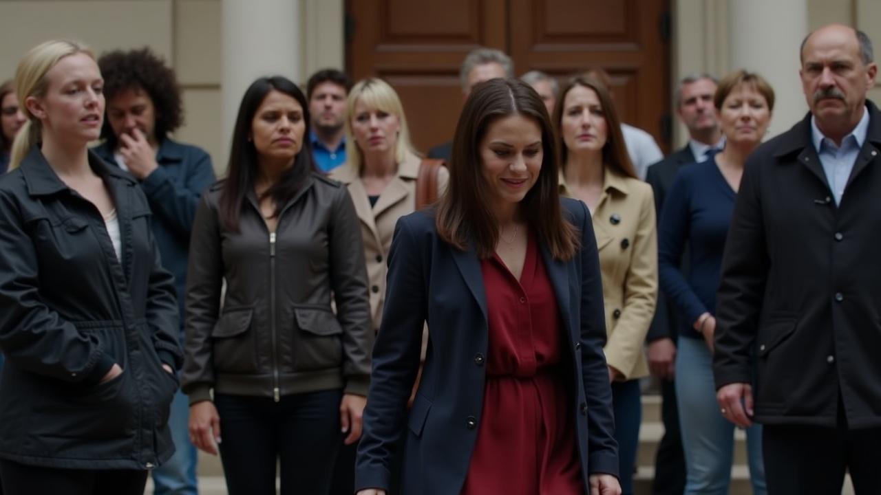 In this dramatic scene, a woman stands outside a courthouse, her face reflecting deep anguish as she watches her husband being led away in handcuffs. The crowd is gathered around, some whispering among themselves, while others look on with expressions of pity. The atmosphere is heavy, filled with unspoken words and shared sorrow. The woman's body language suggests she feels overwhelmed, as if the world is pressing down on her. The courthouses' stone architecture looms in the background, adding to the gravity of the moment. This is a striking portrayal of emotional turmoil and public exposure.