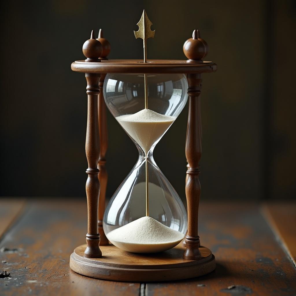 The image features a beautifully designed hourglass made of wood and glass, showcasing the fine grains of sand within. At the top of the hourglass, a decorative spear-like element pierces through the structure, creating an intriguing visual effect. The hourglass sits on a rustic wooden table, with a soft focus background that adds depth to the composition. The warm tones of the wood and beige sand contrast nicely against the subtle lighting. This scene evokes a sense of time passing, symbolizing both the urgency and beauty of life.