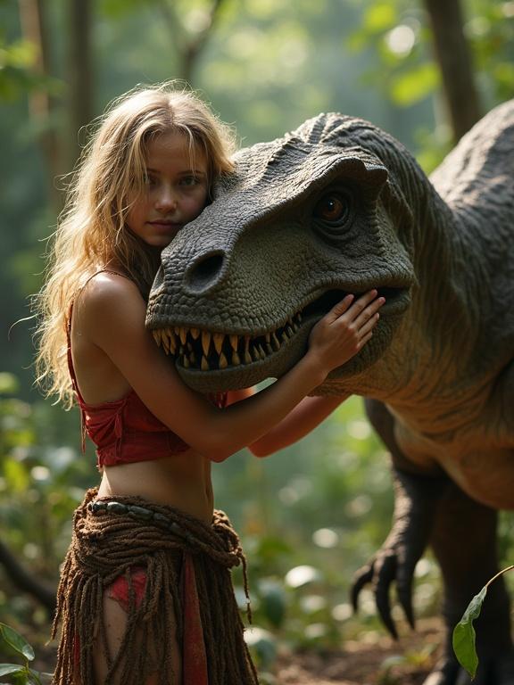 Tribal warrior girl in the jungle hugs a friendly Tyrannosaurus. Girl is blonde and dirty. She appears tired but gentle. The dinosaur seems friendly and large. Lush greenery surrounds them.