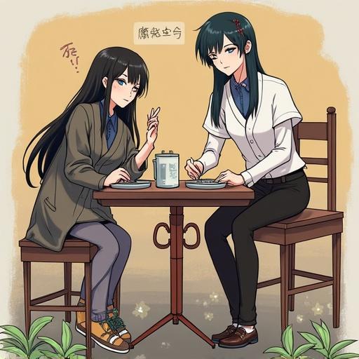 Two anime-style characters seated at a table. One character has long black hair and looks thoughtful. The other has medium-length black hair with blue streaks and is writing. They are enjoying a meal together.
