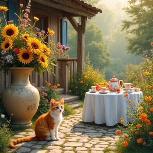 Orange and white kitten on cobblestone path. Large vase with sunflowers and wildflowers. Rustic cottage and wooden porch. Table set for tea with colorful cups and fruits. Dreamy garden with blooming flowers. Soft golden light and serene atmosphere. Artistic style with painterly texture.