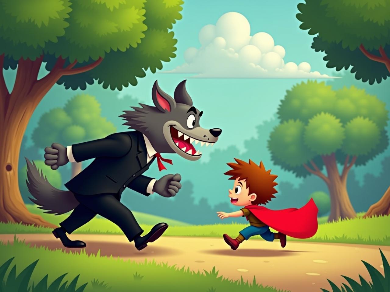 The image depicts a cartoon scene set in a vibrant forest. On one side, there is a large, anthropomorphic wolf with a mischievous grin, dressed in a black suit. The wolf is portrayed as chasing a young child who is wearing a bright red cape. The child appears to be running playfully, not in distress but rather enjoying the moment. The background features lush green trees and a clear sky, enhancing the whimsical atmosphere. This scene draws inspiration from classic fairy tales, emphasizing a light-hearted and fantastical theme.