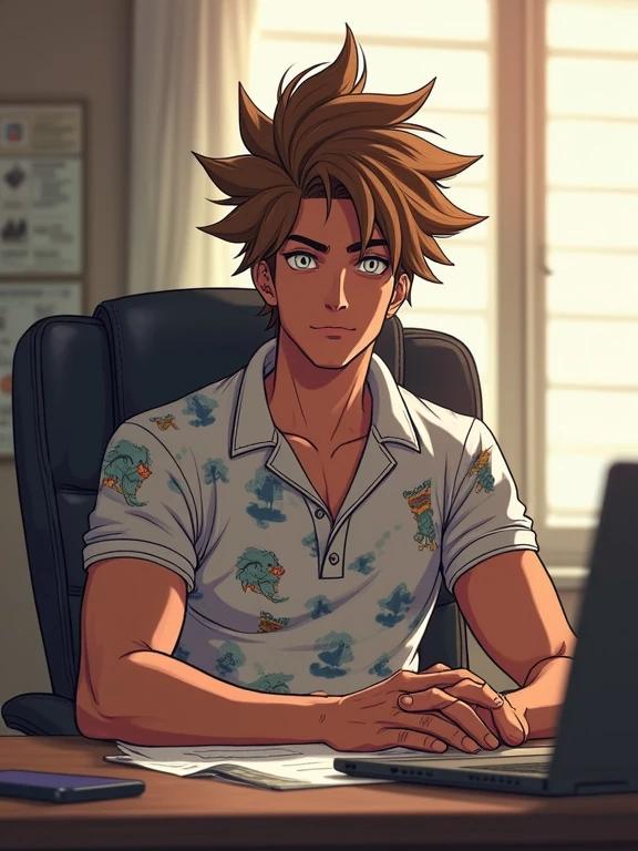 Anime character in a Stanford dorm room. Young man has spiky light brown hair. He has a muscular build and is wearing a printed Balenciaga polo shirt. He looks focused while studying for an exam on an office desk. There is a Samsung Galaxy phone beside him. Room is filled with modern decor. Light is coming in through the window. Summer vibes dominate the scene.