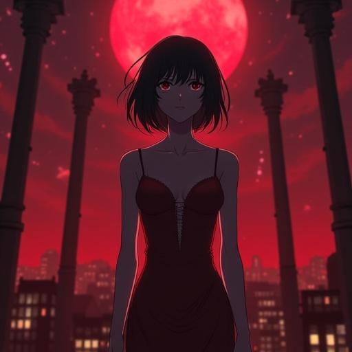 Motoko Kusanagi dressed elegantly at a vampire ball in a dramatic atmosphere. Background features a deep red moon with a city skyline. Scene depicts a cyberpunk aesthetic. Emphasis on mysterious elegance and vibrant colors.