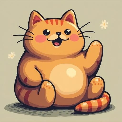 A cute and chubby cat waves its paw while sitting down. The cat has orange fur with darker stripes. Its cheeks are rosy and it has a smiling face. Small flowers surround the cat. The background color is soft and neutral.
