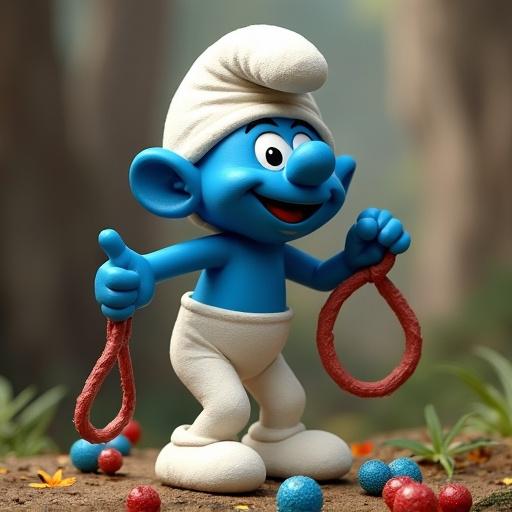 Animated Smurf character depicts telekinesis lifting colorful objects. The smurf appears cheerful and playful, wearing a white hat and pants. Background features a lush green forest.