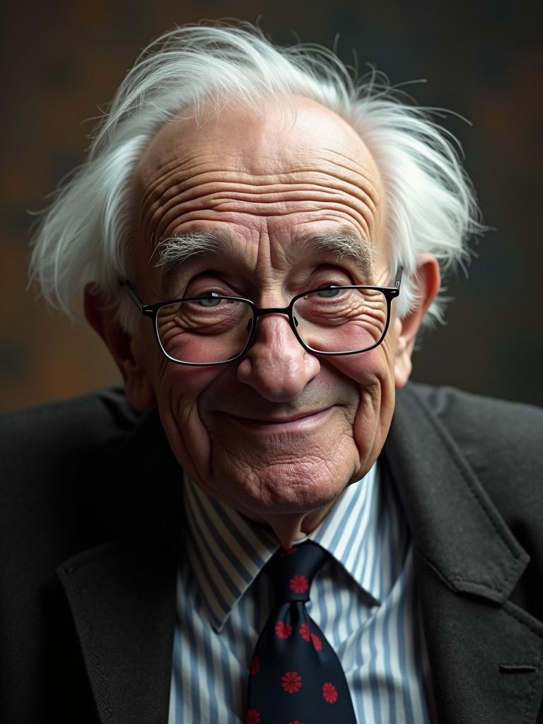 Elderly man with gray hair wearing formal attire. The setting has a blurred background. The subject is centered with soft lighting. A classic portrait style is used.