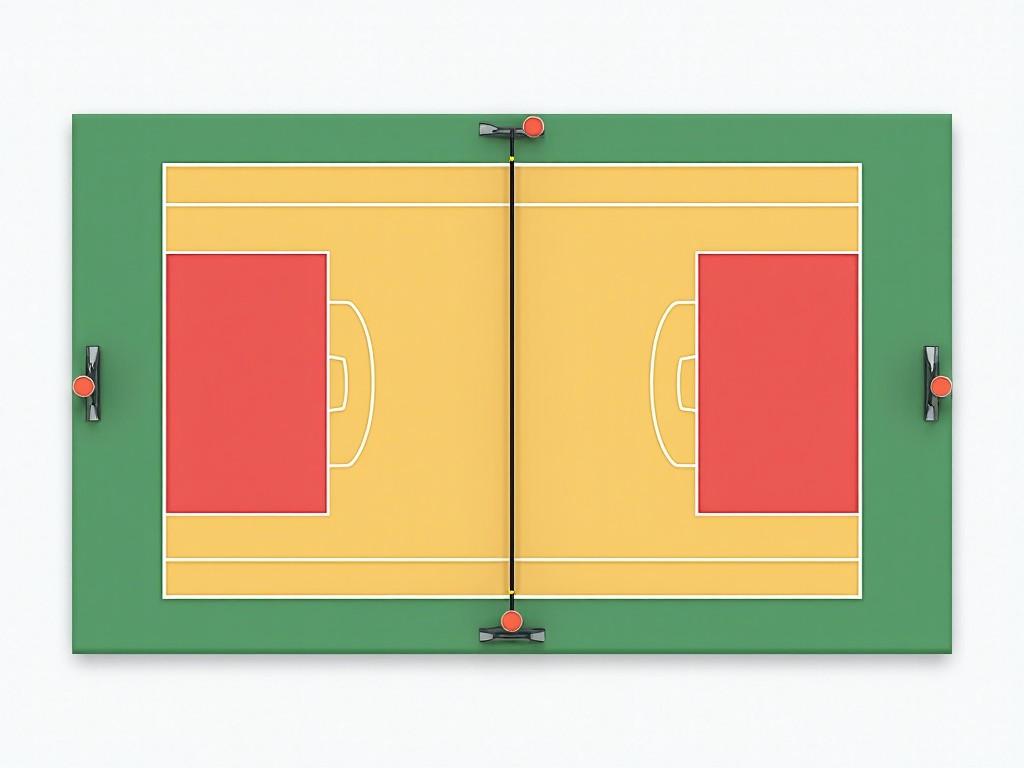 The image showcases a volleyball court layout designed for training and educational purposes. It features a clear depiction of the court with designated playing areas marked in yellow and red. The net is centered, dividing the court into two equal halves. The lines are prominently displayed, outlining the boundaries for play. This top-down view emphasizes the organization of space, ideal for understanding court dimensions and layout for competitive play.