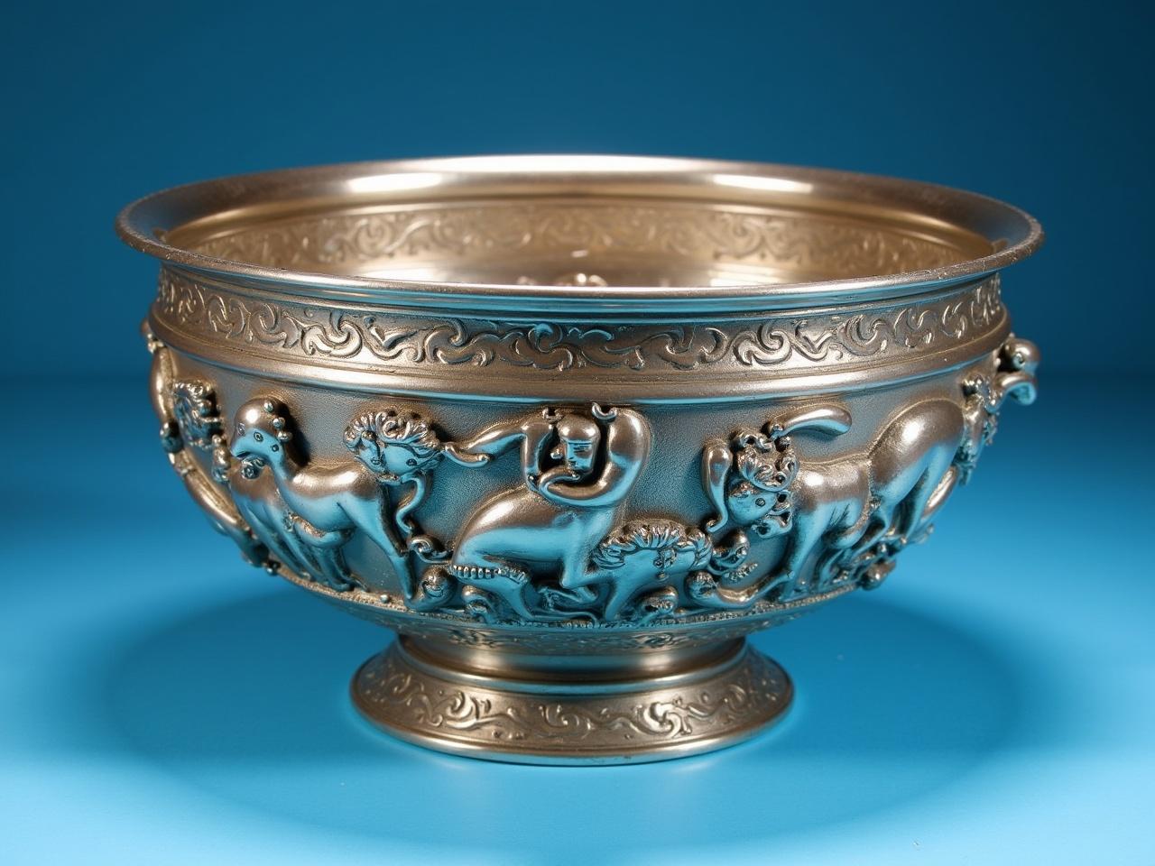 The image shows a large, intricately decorated silver bowl with detailed reliefs. The bowl features various mythological and animal figures, showcasing ancient craftsmanship. The reliefs seem to depict scenes from mythology or legend, possibly involving deities and mythical creatures. The bowl's metallic sheen hints at its historical value and artistry. It rests on a simple blue background that highlights its intricate designs.