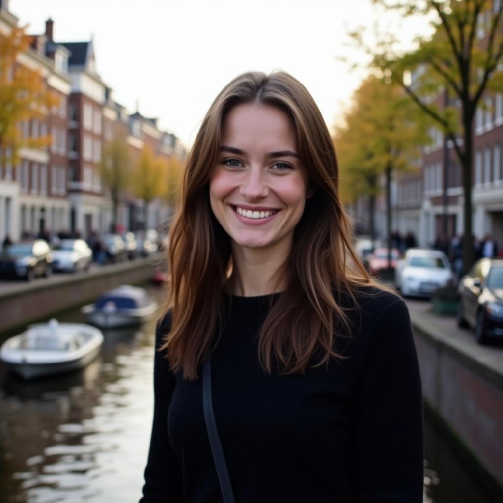 This image features a young brunette woman smiling brightly in Amsterdam. She is wearing a stylish black sweater. The scene is set near a picturesque canal, typical of Amsterdam's charming architecture. The warm, soft lighting suggests it's late afternoon or early evening, enhancing the inviting atmosphere. The background showcases traditional Dutch buildings along the canal, adding to the city's unique vibe.