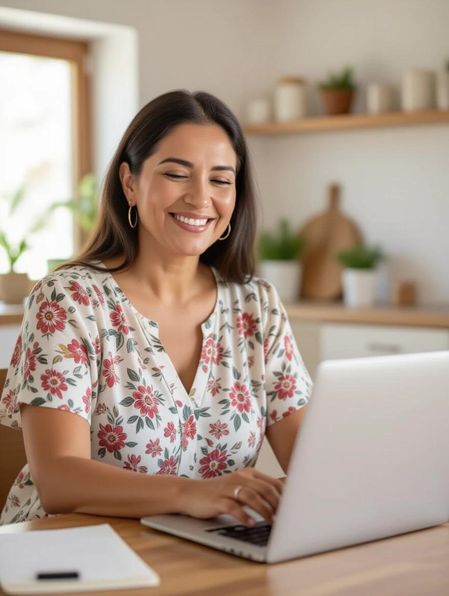 Smiling woman typing on a laptop at home. Calm atmosphere with natural light. Floral dress adds charm. Elements of a cozy workspace visible.