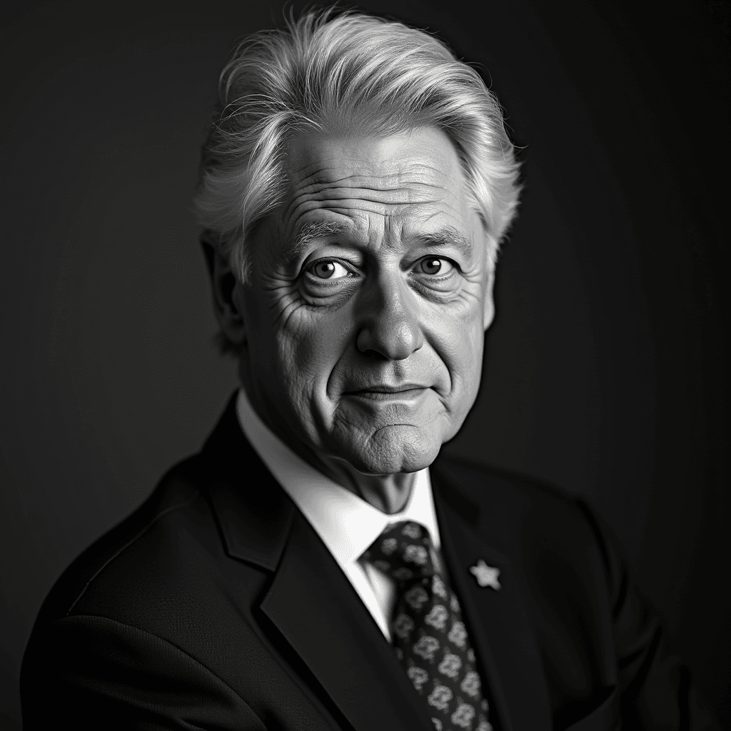 A distinguished older man is posed in a classic portrait, wearing a suit and tie, with a calm and composed expression.