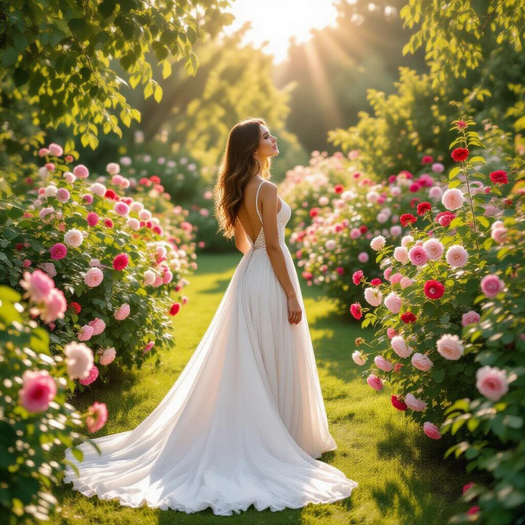 A woman stands in a long white dress in a blooming pink rose garden. Sunlight shines on her. She looks up towards the heavens. The atmosphere is serene and beautiful.