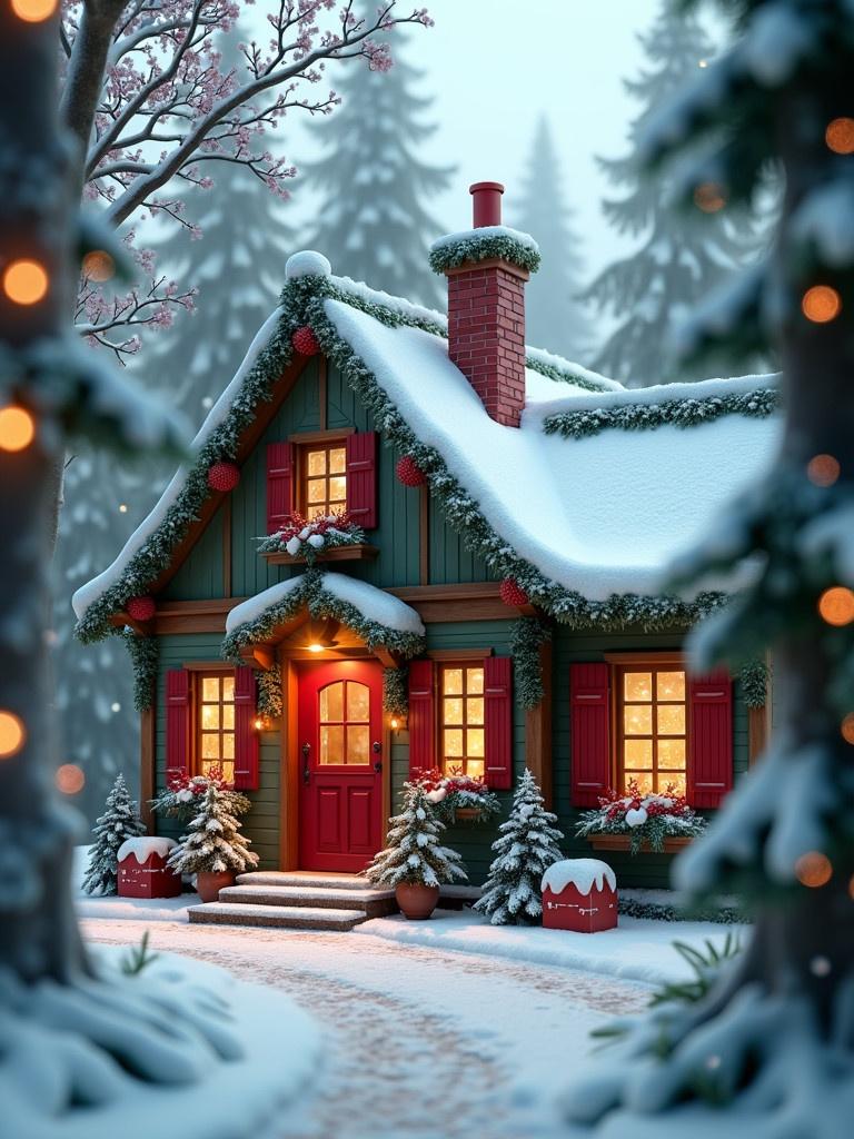 A cute cozy cottage in a Christmas setting surrounded by trees. Snow falls gently creating a winter wonderland. The cottage has red, maroon, and dark green colors with festive decorations.