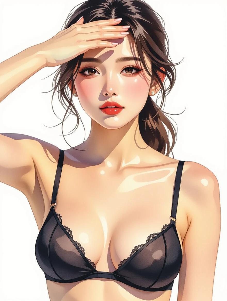 Watercolor-style painting of a person covering their forehead with one hand. Person wears a black bra with thin straps. Bra has low neckline revealing part of chest. Head tilted slightly to the right. Mouth slightly open. Soft shading with light and dark areas creates depth. Background is plain white. High contrast typical of watercolor techniques. Composition follows rule of thirds with face and hand in upper third. Medium shot from knees up with slight upward camera angle. Shallow depth of field keeps focus on subject. Natural lighting with even light distribution. High subjective aesthetic quality. Portrait format with 3:4 aspect ratio. Eye-level vantage height provides direct view of subject. Digital drawing emphasizes simplicity and emotional expression through light and shadow.