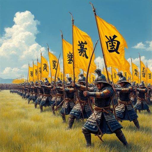 Detailed historical painting. Formation of Japanese samurai archers on grassy battlefield. Wearing ornate armor, helmets, and hakama. Drawing yumi longbows, ready to shoot. Bright yellow sashimono war flags with black mon behind. Foreground figures prominent with dynamic poses. Others form ranks in background. Blue sky with clouds. Realistic, epic atmosphere.