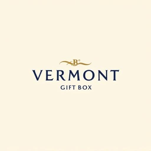 Flat vector logo design for 'VERMONT GIFT BOX'. Elegant wordmark in custom serif typography features a horizontal layout. Top of capital letters are subtly extended to form a ribbon-like flourish. Letter spacing is balanced with a ligature between 'G' and 'B' resembling a tied gift ribbon. Uses deep navy and muted gold colors against a clean cream background for a minimal yet luxurious feel.