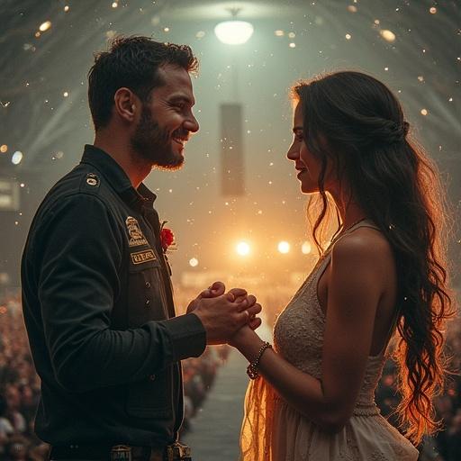 A couple in a large venue sharing a moment. They hold hands and smile at each other. The atmosphere is warm and filled with lights.