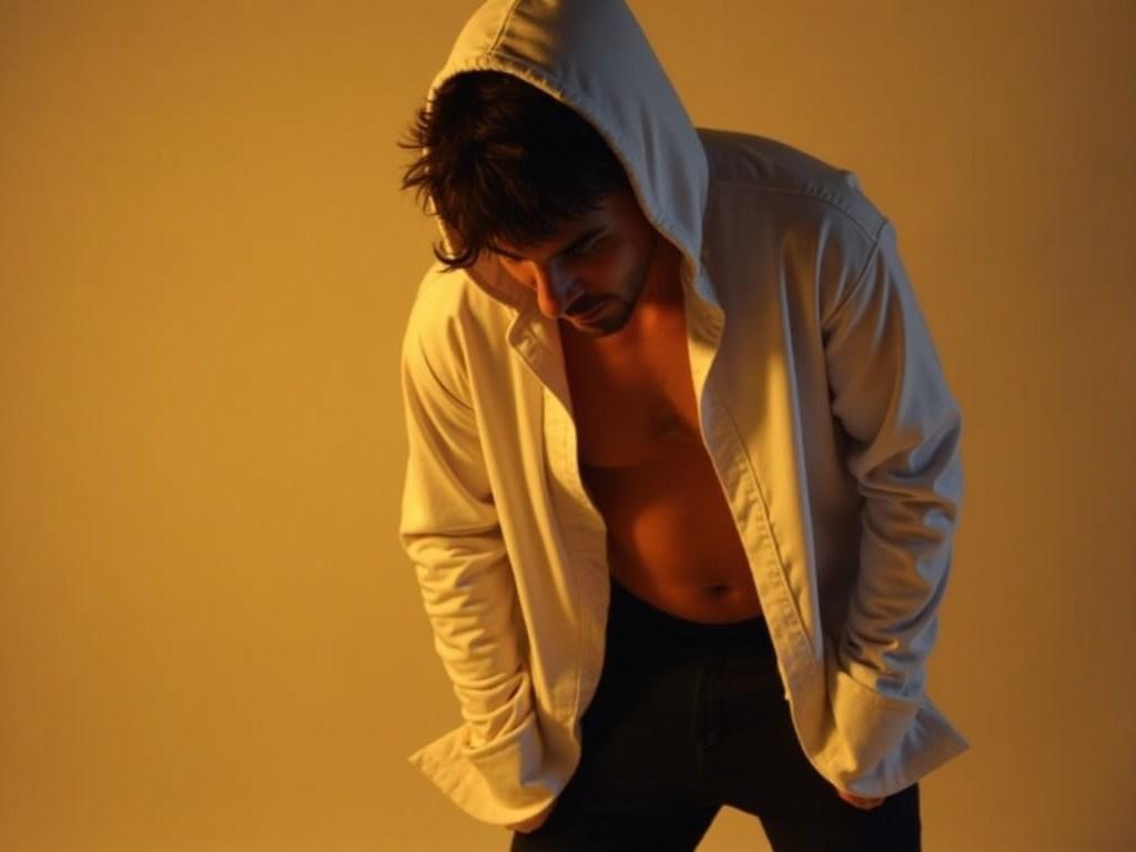 This image features a person in a dynamic pose, wearing a white shirt with a hood and dark shorts. The shirt is slightly open at the front, suggesting a sense of casual style. The lighting is warm, casting a soft glow on the subject. Their face is partially obscured by the hood and shadows, adding an air of mystery to the scene. This creates a relaxed yet intriguing atmosphere, appealing to those interested in modern fashion and personal style.