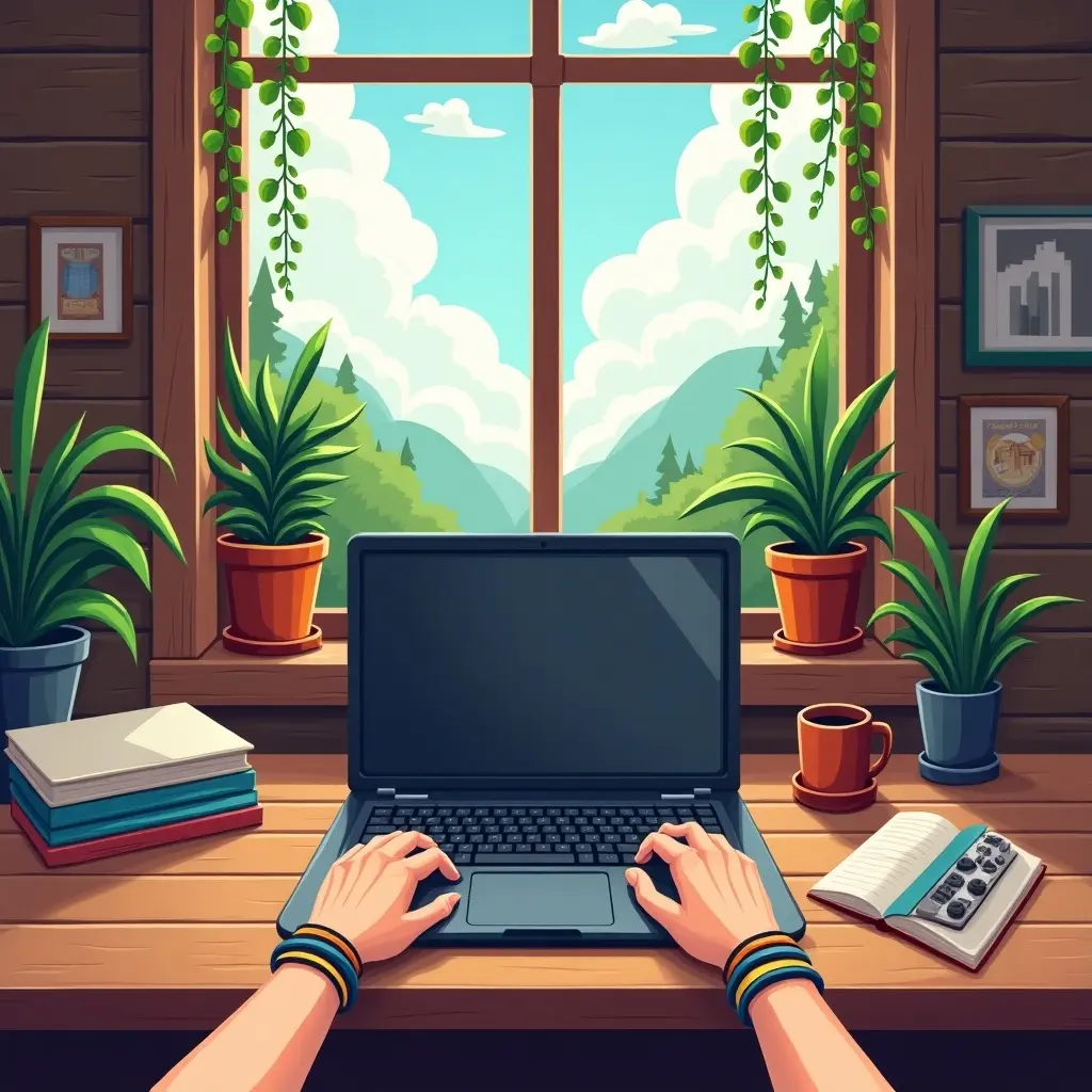 Cozy workspace featuring hands typing on a laptop. Bright window in the background with a scenic view. Indoor plants decorate the area. A warm and inviting atmosphere for work.