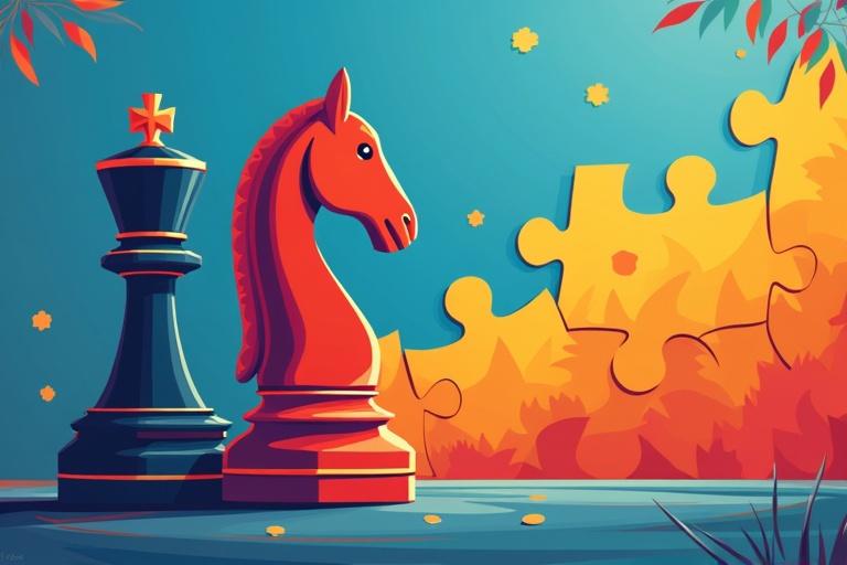 Vibrant illustration of a chess knight piece with jigsaw puzzle pieces against a gradient background. Indian cultural motifs visible. Clean, modern, playful style with bold colors. Text overlay promotes mental challenges.