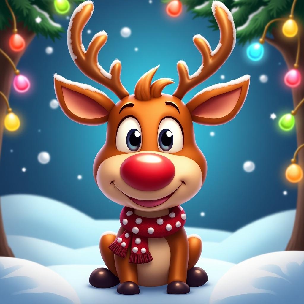 The image features a cheerful cartoon-style reindeer, reminiscent of Rudolph. He has a vibrant red nose and is wearing a festive scarf. The background is snowy with colorful lights hanging from pine trees, creating a joyful holiday atmosphere. This design captures the essence of Christmas and would fit well in promotional materials for holiday games. It's inviting and playful, appealing to both children and families during the holiday season.