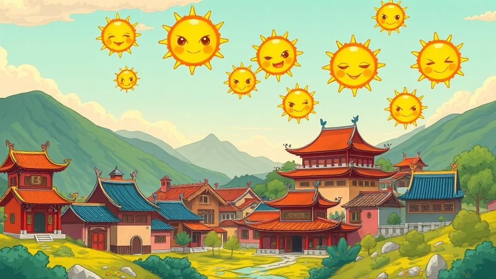 A whimsical village scene with multiple suns having playful expressions in the sky.