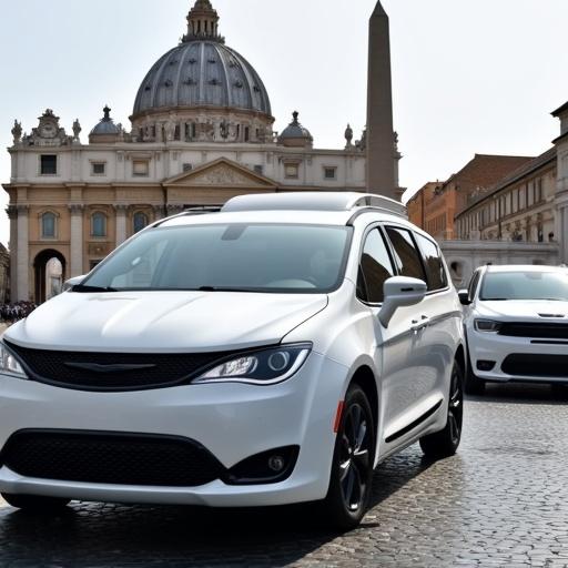 White Chrysler Voyager uniquely adapted as popemobile in St. Peter's Square surrounded by white Dodge Challenger Hellcat and white Dodge Durango SRT Hellcat.