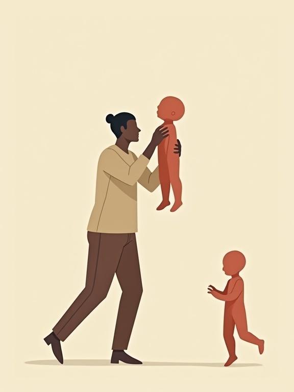 A minimalist flat vector illustration shows a male adult lifting a doll while another child plays nearby. Characters have exaggerated body shapes and simplistic features. The colors are muted and neutral, showing everyday clothing and playful postures.