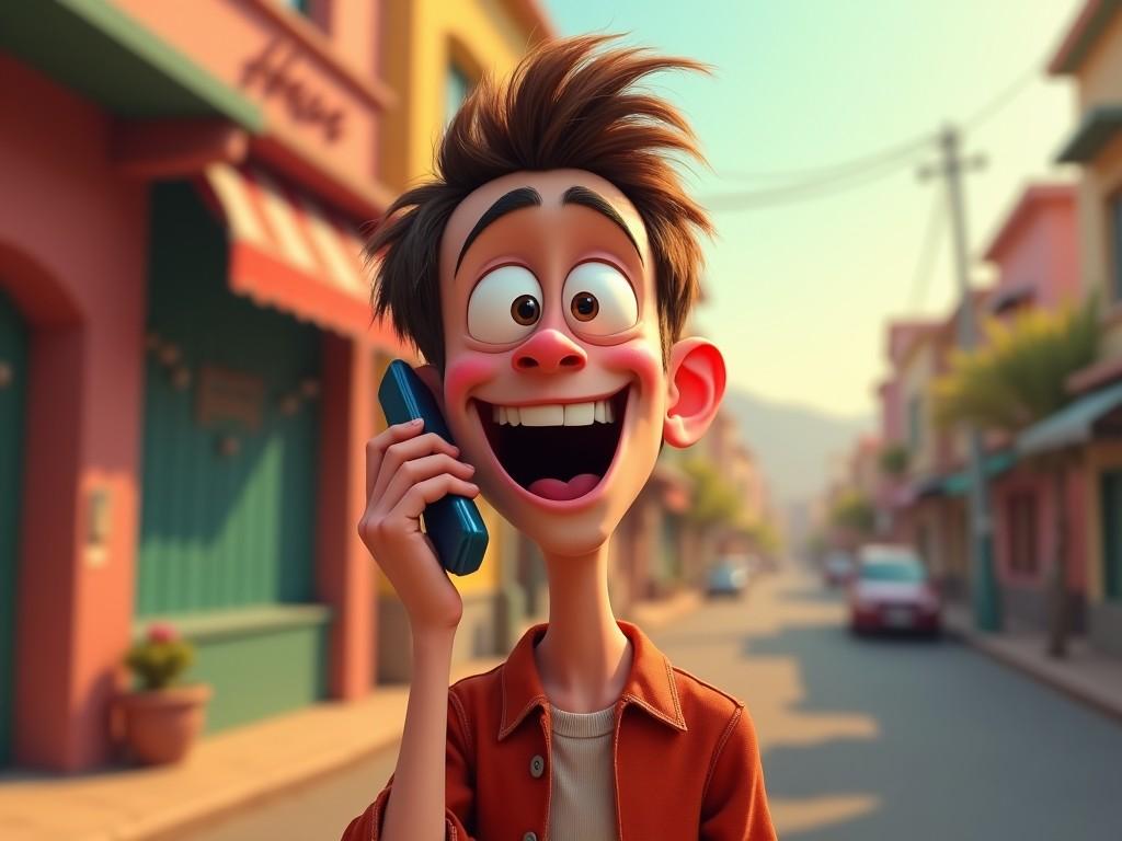 This image features an animated character with an excited facial expression, talking on a cell phone. The character has a very skinny appearance and is styled in a vibrant Pixar-inspired aesthetic. The background shows a colorful street, indicative of a cheerful setting. The lighting is warm, enhancing the overall joyful vibe. The character's four-fingered hand holds the phone, which adds a unique artistic touch. This digital art embodies delight and cheerfulness, making it an engaging visual for various projects.