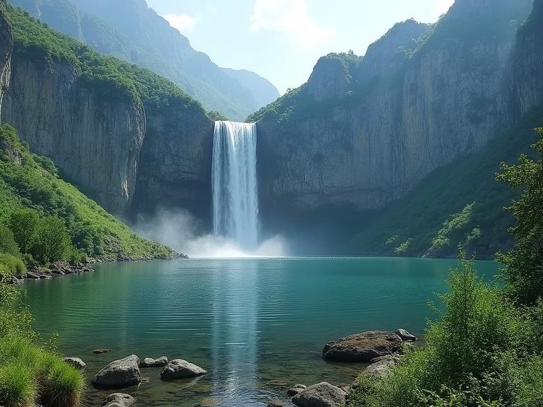 Landscape featuring a tall waterfall amidst lush mountains and a serene lake surrounded by greenery. Realistic focus and clarity.