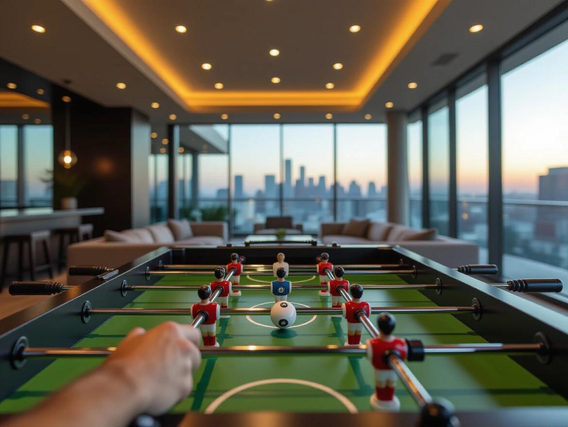 Point-of-view from standing at foosball table. Hands grip rods tightly. Players and ball focused at center. Slight blur on opposite side of table and background. High-end game room behind table. Recessed ceiling lights glow softly. Sofas texture inviting. Skyline views through glass panels. Immersive atmosphere.