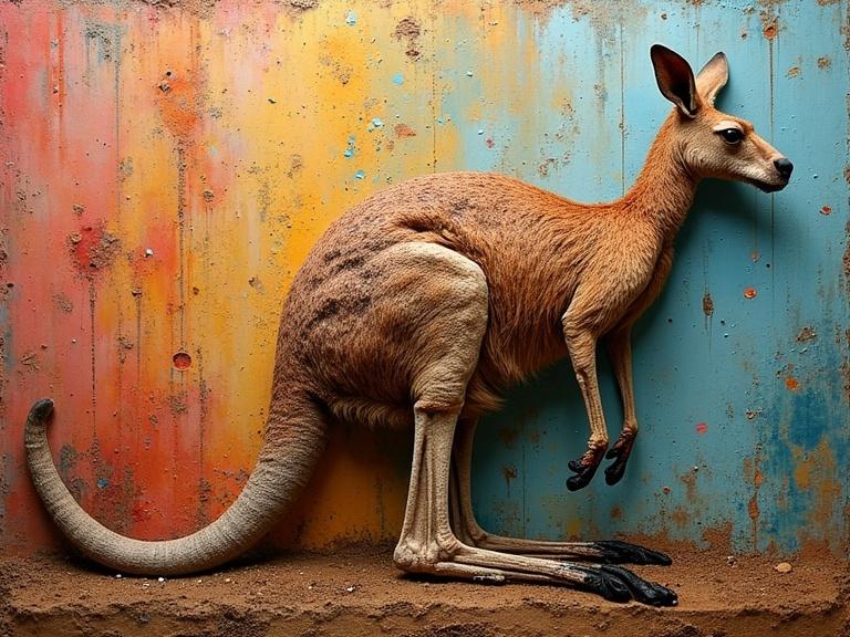 A 3D representation of a kangaroo. Mixed media combining various textures. Features include newspaper jute fibers wood sand confetti origami. Emphasis on depth and detail. Layered artwork with scratches and tears. Bright and luminous colors.