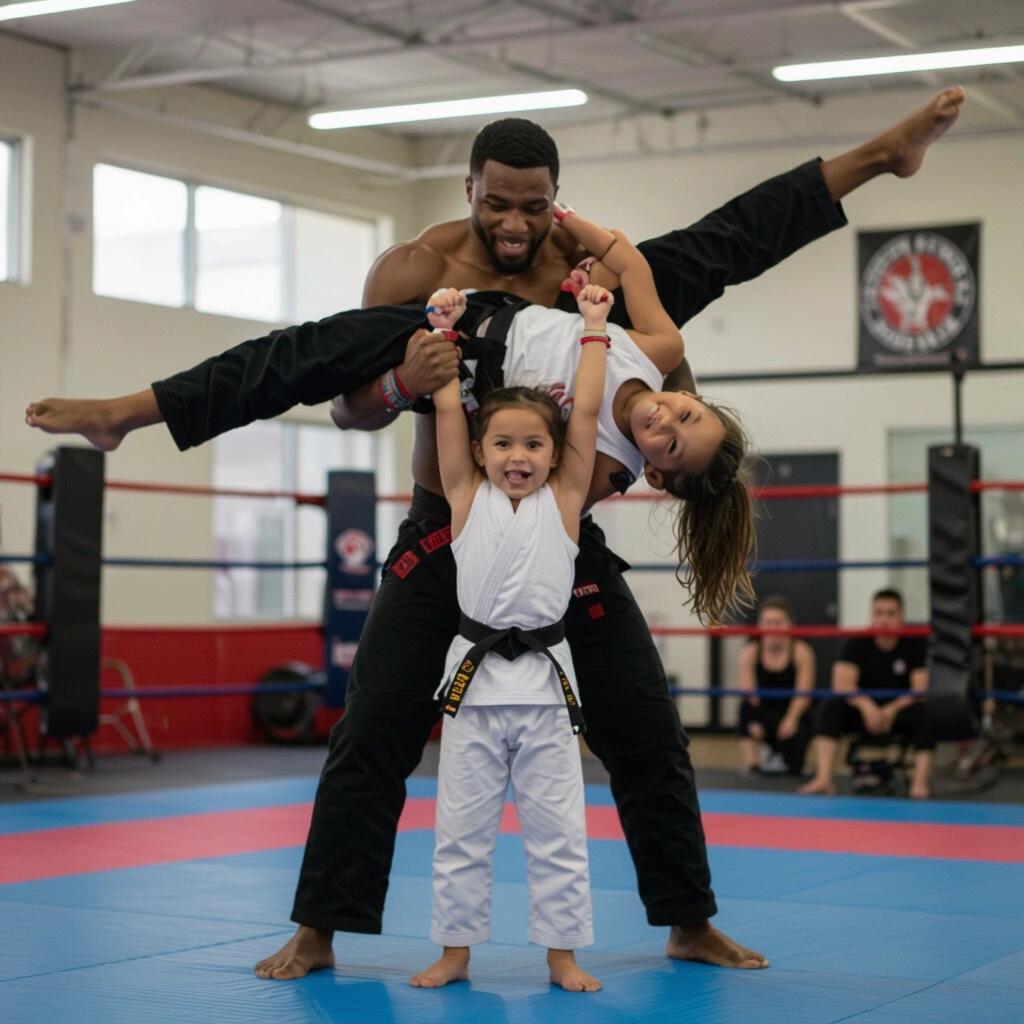 Young girl lifts bodybuilder above her head in martial arts ring. Indoor training environment. Exciting action and energy.