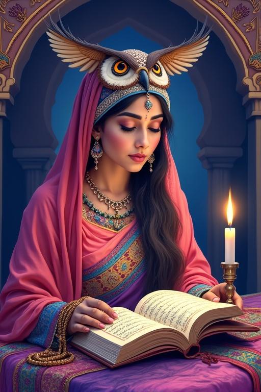 A woman in a colorful saree reads a book. She has an owl headdress. The background features Islamic architecture with a crescent moon. A candle highlights artistic Urdu calligraphy. Various colors blend from purple to pink and blue. A colorful cloth with prayer beads supports an open Quran.