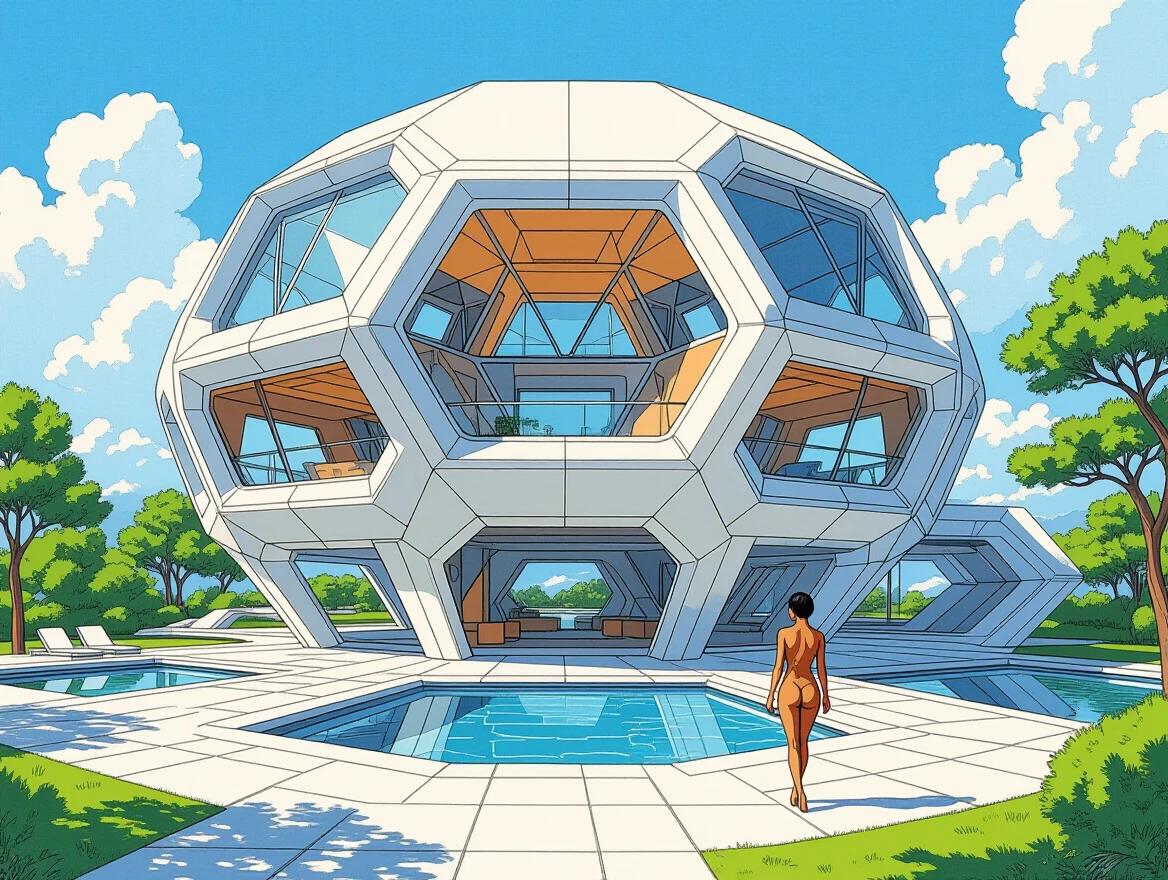Futuristic villa with a dodecahedron base located in a scenic outdoor setting. Meticulous technical drawing style showcasing intricate details and geometric patterns. Surrounding lush greenery and a swimming pool completing the setting.