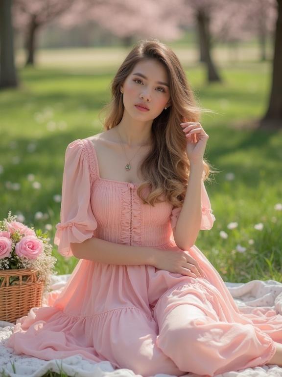 Woman wearing pastel pink dress sitting on grass. Outdoor picnic scene with flowers and trees in bloom. Vintage style ambiance. Woman looks serene and elegant.